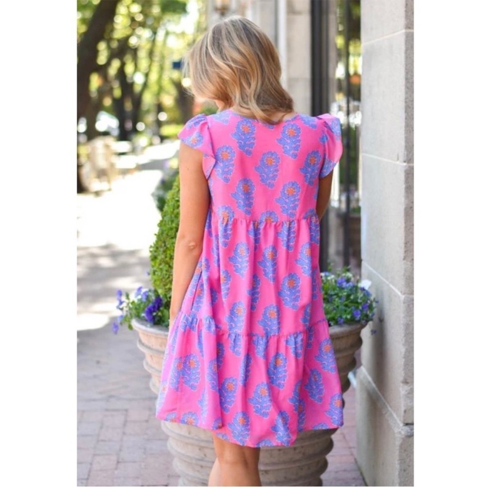 NWT J.Marie Pink Blue The Piper Floral Ruffle Dress Sz S - Picture 2 of 16